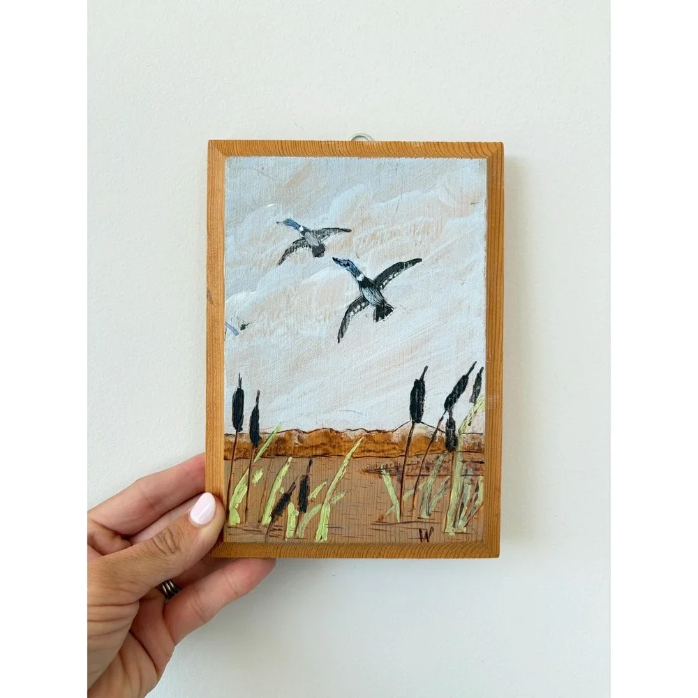 Original Folk Art Painting, Ducks in Flight, Signed W.S. Platner